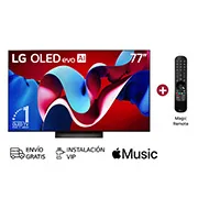 Vista frontal con LG OLED evo AI TV, OLED C4, el emblema de 11 años como líder mundial OLED y el logotipo de webOS Re:New Program en la pantalla