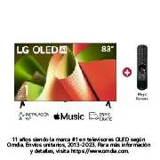 Vista frontal con el LG OLED TV, OLED AI B4, el emblema de 11 años como líder mundial OLED y el logotipo de webOS Re:New Program en la pantalla con soporte de 2 polos