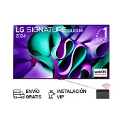 Vista frontal con LG OLED TV, OLED M4 SIGNATURE, el emblema de 11 años como OLED número 1 del mundo, el logotipo de webOS Re:New Program, y una caja Zero Connect con transferencia inalámbrica de video y audio 4K conectada a un televisor, y una señal Wi-Fi que sale de la caja