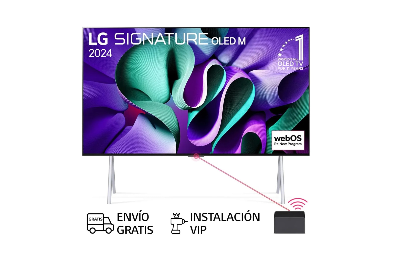 Vista frontal con LG OLED TV, OLED M4 SIGNATURE, el emblema de 11 años como OLED número 1 del mundo, el logotipo de webOS Re:New Program, y una caja Zero Connect con transferencia inalámbrica de video y audio 4K conectada a un televisor, y una señal Wi-Fi que sale de la caja