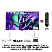 Vista frontal con LG OLED TV, OLED M4 SIGNATURE, el emblema de 11 años como OLED número 1 del mundo, el logotipo de webOS Re:New Program, y una caja Zero Connect con transferencia inalámbrica de video y audio 4K conectada a un televisor, y una señal Wi-Fi que sale de la caja