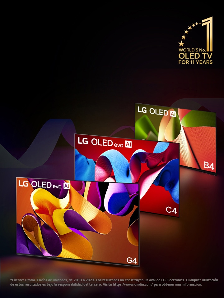 "Televisores LG OLED evo C4, evo G4 y B4 situados en fila sobre un fondo negro con sutiles remolinos de color. El emblema “Televisor OLED número 1 del mundo desde hace 11 años” aparece en la imagen.  Aviso legal: “Fuente: Omdia. Envíos de unidades, de 2013 a 2023. Los resultados no constituyen un aval de LG Electronics. Cualquier utilización de estos resultados es bajo la responsabilidad del tercero. Visita https://www.omdia.com/ para obtener más información”."