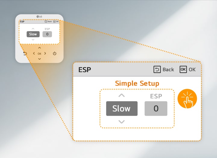 Primer plano de un panel de control LG en modo “ESP” en el que aparece “Configuración simple” con opciones para “Lento” y “0”, y los botones “Atrás” y “Aceptar” en la esquina superior derecha.