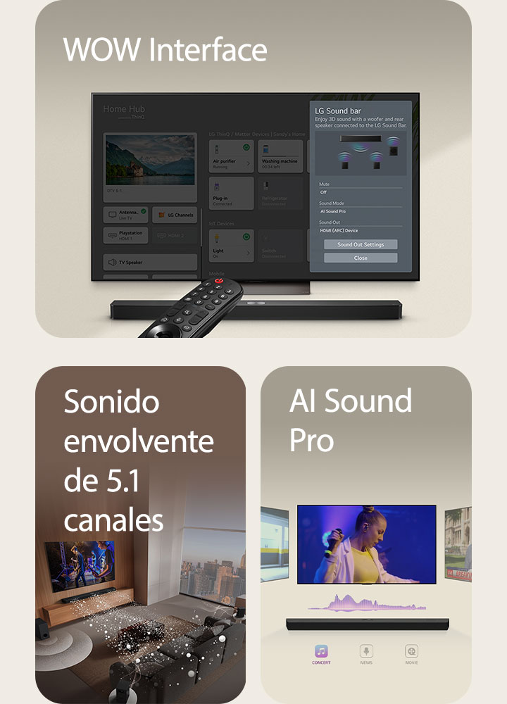 LG Remote apunta hacia un televisor LG con la barra de sonido LG debajo. LG TV muestra el menú de la interfaz WOW en la pantalla.  La barra de sonido LG, el televisor LG y el subwoofer se encuentran en una sala de estar mostrando una imagen en pantalla con una actuación musical. Dos ramas de ondas sonoras blancas formadas por gotas se proyectan desde la barra de sonido y un subwoofer crea un efecto de sonido desde abajo.  Barra de sonido LG con tres pantallas de TV diferentes arriba. Uno muestra una película, otro muestra un concierto y el otro muestra un noticiero. Debajo de la barra de sonido, hay tres íconos para mostrar cada género.