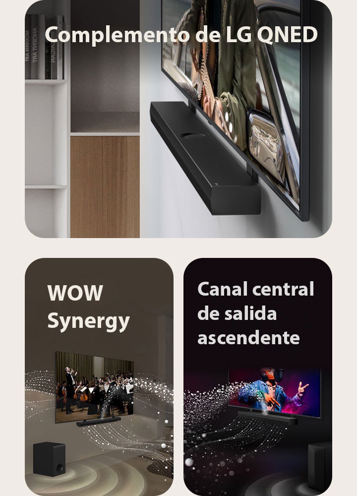 Barra de sonido LG y televisor LG QNED contra la pared con el soporte compatible con QNED en una habitación gris y de madera en perspectiva en ángulo, que muestra a un hombre tocando una guitarra frente al océano.  Barra de sonido LG y televisor LG en una sala de estar donde se reproduce una interpretación de orquesta. Las ondas blancas de gotas que representan ondas de sonido se disparan hacia arriba y hacia adelante desde la barra de sonido y se proyectan desde el televisor, mientras el subwoofer crea un efecto de sonido desde abajo.  Barra de sonido LG y televisor LG en una sala negra donde se reproduce una interpretación musical. Las gotas blancas que representan ondas de sonido se disparan hacia arriba y hacia adelante desde la barra de sonido, mientras el subwoofer crea un efecto de sonido desde abajo.