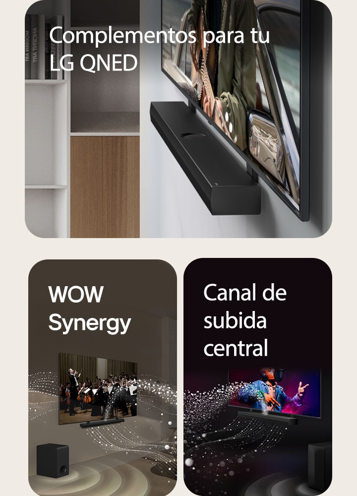 Barra de sonido LG y televisor LG QNED contra la pared con el soporte QNED a juego en un salón gris y de madera en perspectiva angular, mostrando a un hombre tocando la guitarra frente al océano.   Barra de sonido LG y televisor LG en un salón reproduciendo la actuación de una orquesta. Ondas blancas de gotas que representan ondas sonoras salen disparadas hacia arriba y hacia delante desde la barra de sonido y se proyectan desde el televisor, mientras el subwoofer crea un efecto sonoro desde la parte inferior
