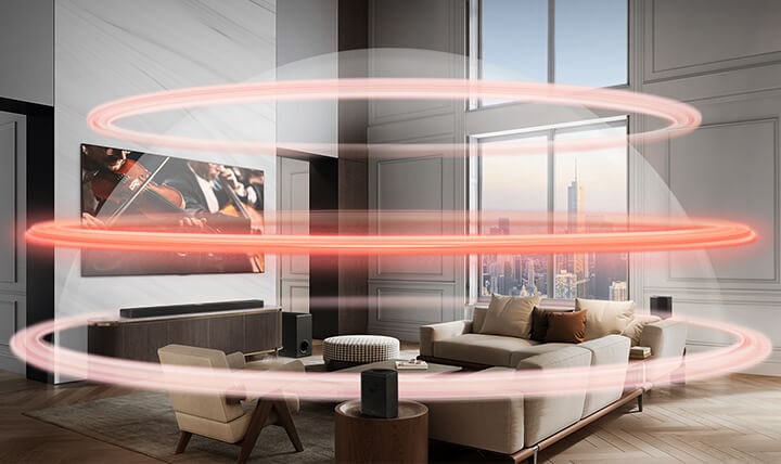 La barra de sonido LG y el televisor LG se encuentran en un apartamento de una gran ciudad. Aparecen tres bandas rojas, una cada vez, que representan capas virtuales y se unen para crear una cúpula sonora completa.