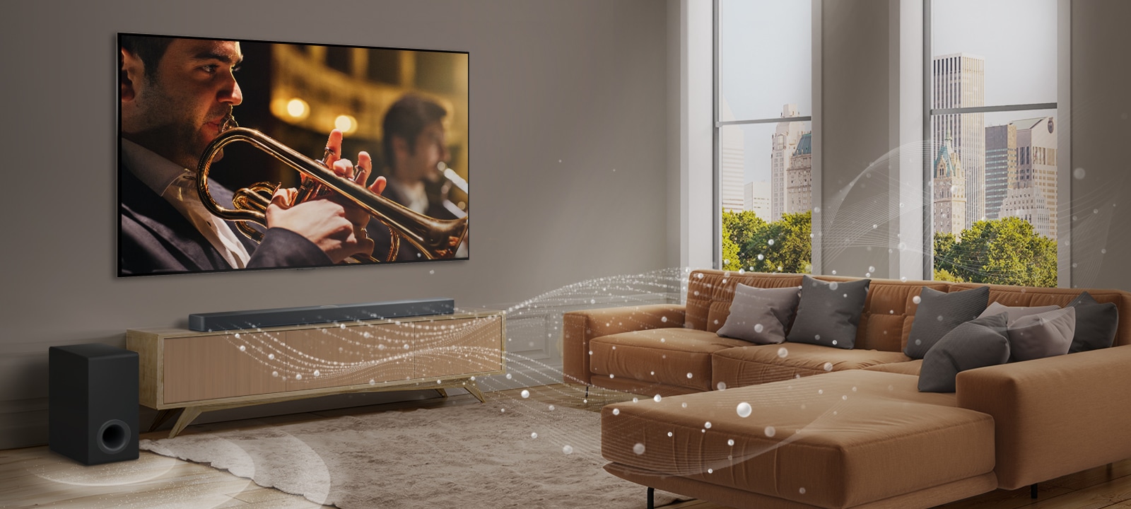 Una barra de sonido LG, un televisor LG y un subwoofer se encuentran en un moderno apartamento urbano. La LG Soundbar emite tres ramas de ondas sonoras, formadas por gotas blancas que flotan por el fondo del piso. Junto a la Soundbar hay un subwoofer, que crea un efecto de sonido desde el fondo.