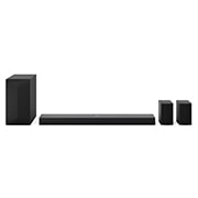 Vista frontal de la LG Soundbar S70TR, un subwoofer y unos altavoces traseros