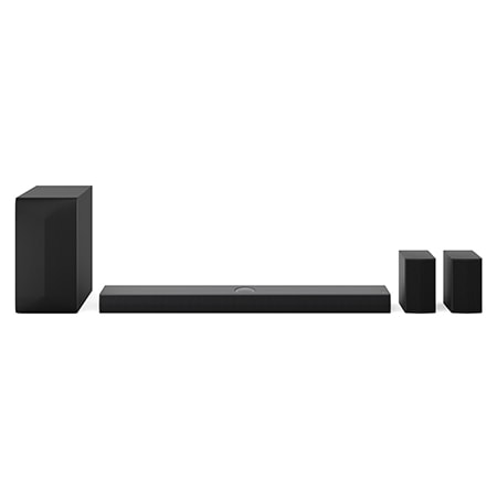 Vista frontal de la LG Soundbar S70TR, un subwoofer y unos altavoces traseros