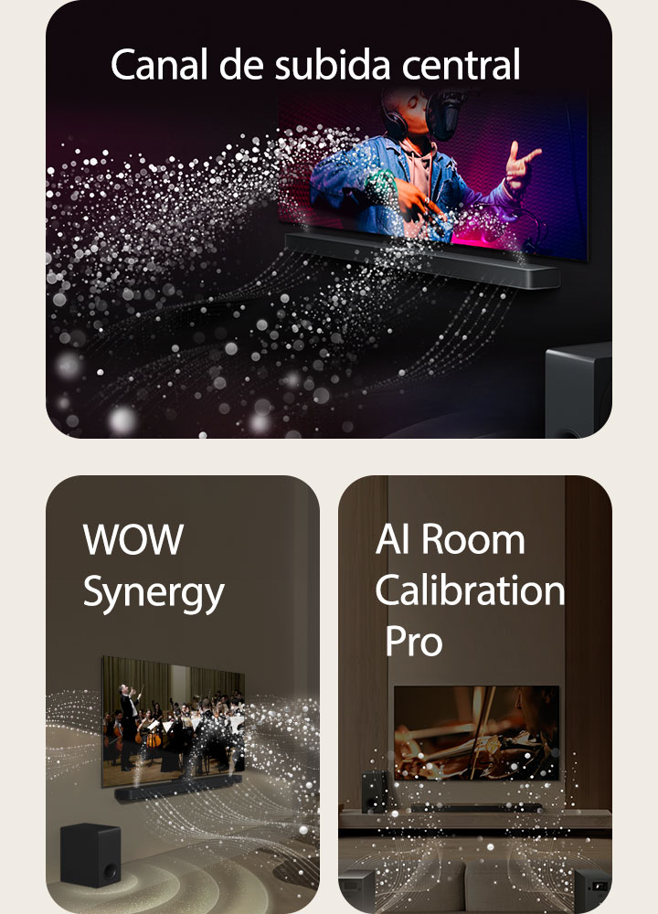 LG Soundbar y LG TV en una habitación negra interpretando una actuación musical. Gotas blancas que representan ondas sonoras se disparan hacia arriba y hacia adelante desde la barra de sonido, mientras el subwoofer crea un efecto de sonido desde abajo.  LG Soundbar y LG TV en una sala de estar tocando una actuación de orquesta. Ondas blancas de gotas que representan ondas sonoras se disparan hacia arriba y hacia adelante desde la barra de sonido y se proyectan desde el televisor, mientras el subwoofer crea un efecto de sonido desde abajo.  La barra de sonido LG, el televisor LG, los parlantes traseros y un subwoofer se encuentran en una sala de estar. Aparece una cuadrícula superpuesta sobre la habitación, como un escaneo del espacio. Ondas sonoras blancas formadas por gotas salen desde la perspectiva frontal de los altavoces traseros.