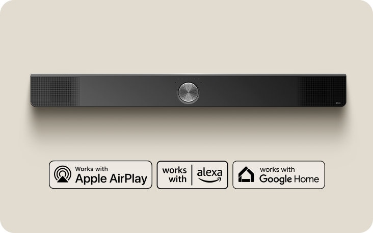 Una perspectiva aérea de una barra de sonido LG. Logotipo de AppleAirPlay Logotipo de Alexa de Amazon Logotipo de Google Inicio