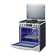 Vista del horno de la estufa LG LRGL5847S tiene la puerta abierta de los quemadores y del horno