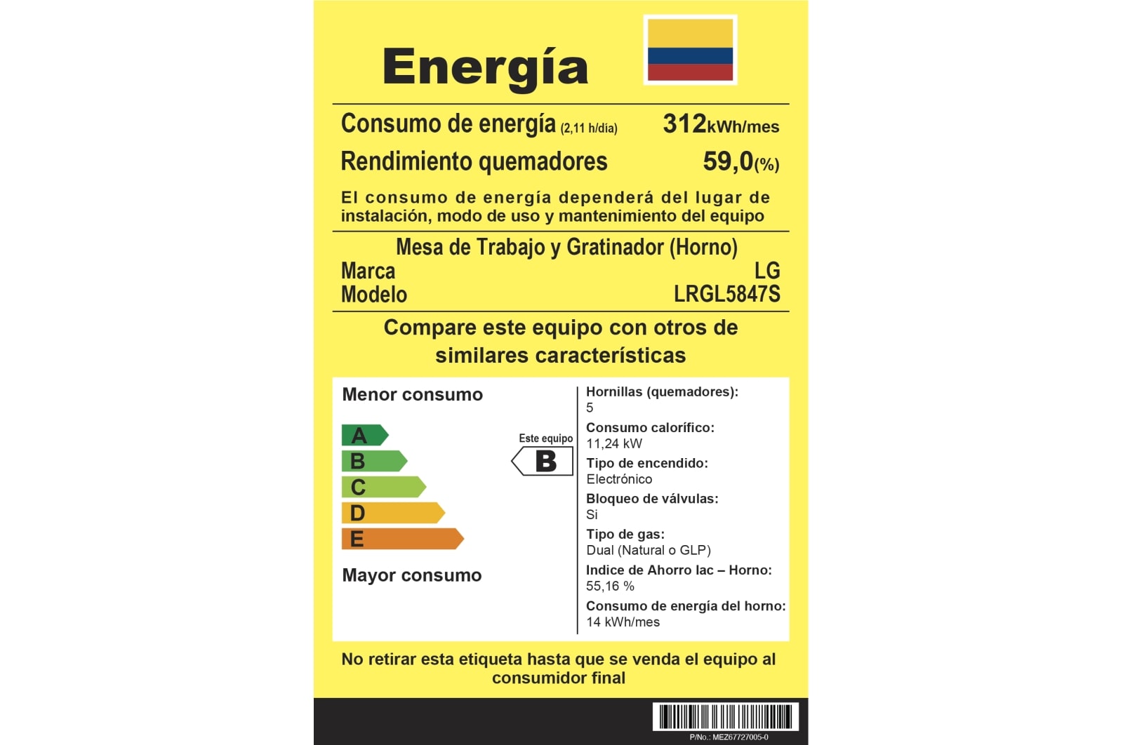 Información y guía energética de la estufa LG LRGL5847S