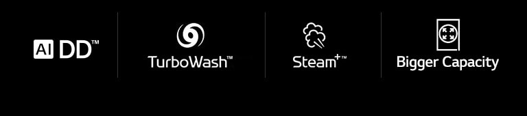Fila con cuatro iconos LG para los Trade Mark: AI DD™, TurboWash™360, Steam™.