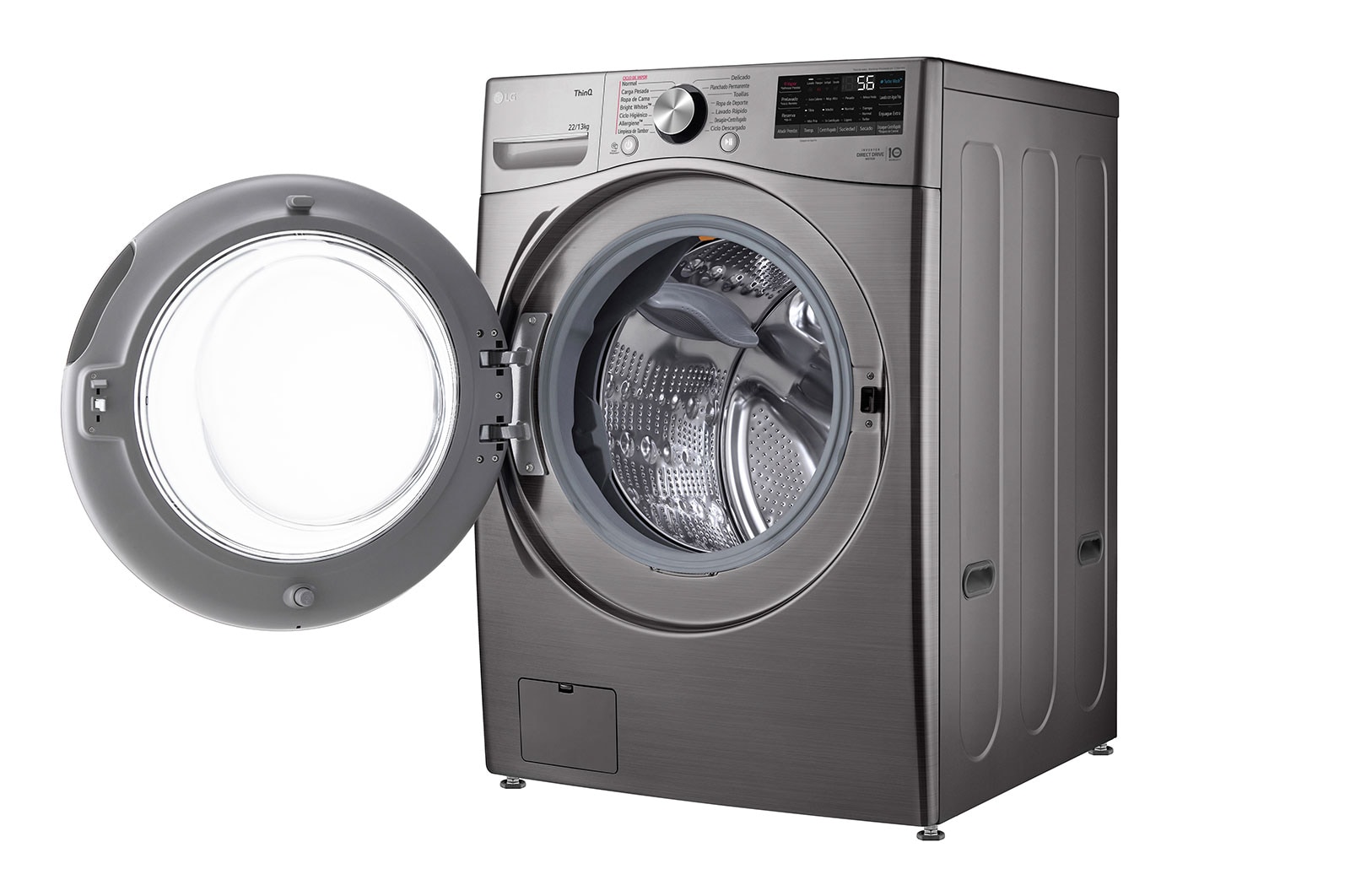 Lavadora LG puerta abierta vista izquierda lejana.