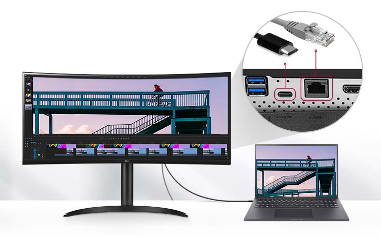 Tu monitor puede ser una central de productividad, al proporcionar RJ45 (puerto LAN) para Ethernet con cable y USB Type-C™, lo que permite un suministro de energía de hasta 90 W, la transferencia de datos y la conexión a dispositivos con solo un único cable.