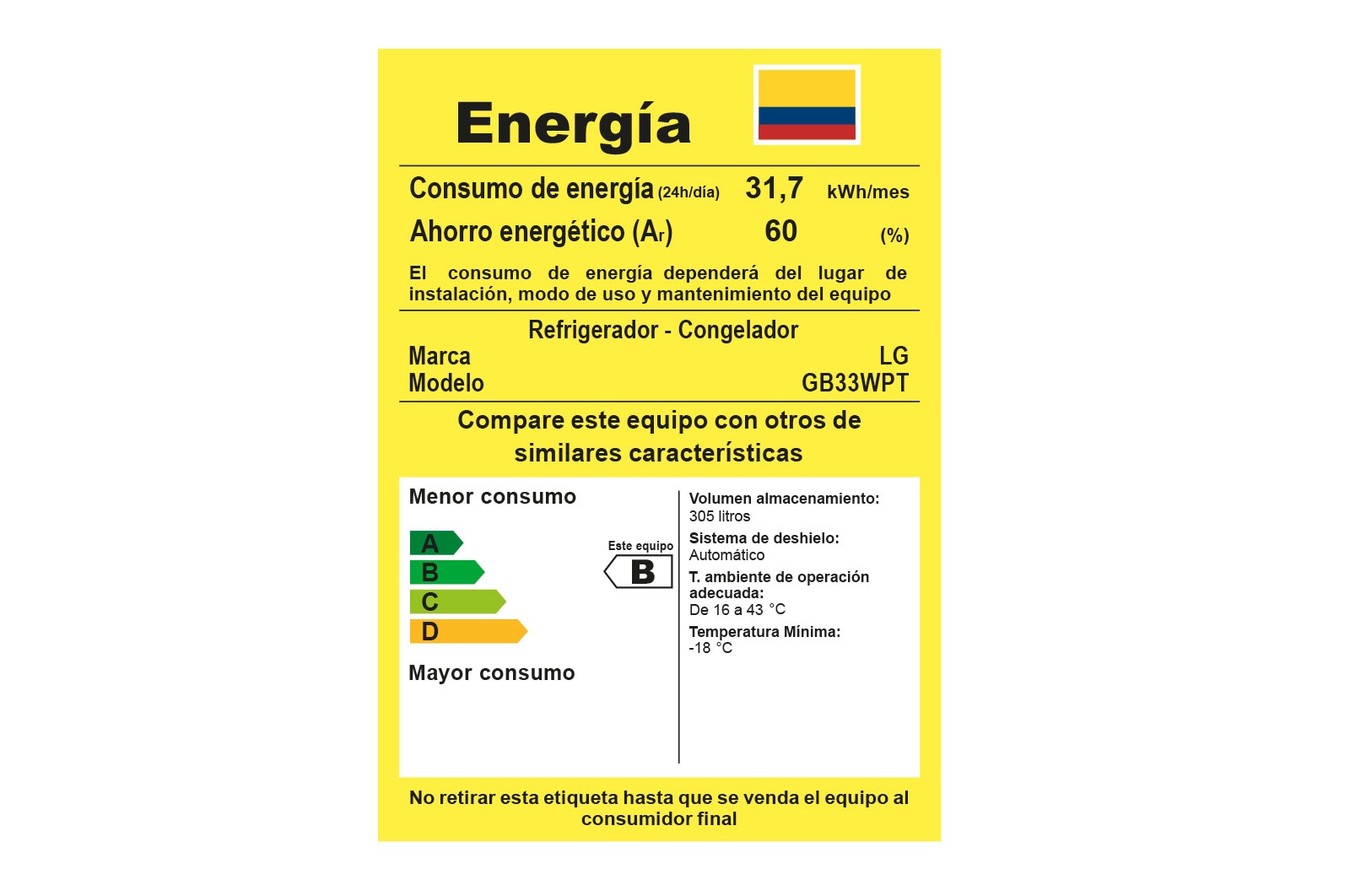 Nevera LG negra ficha consumo energético