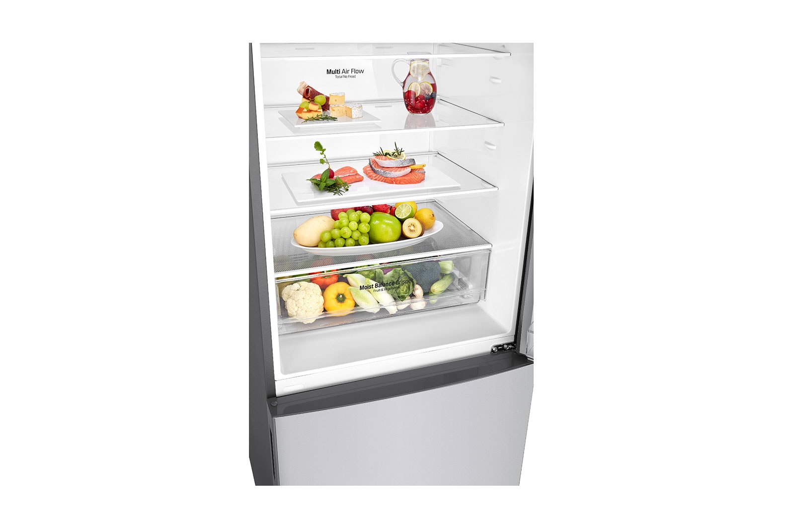 Estantes amplios en nevera LG GB41WPP para alimentos.