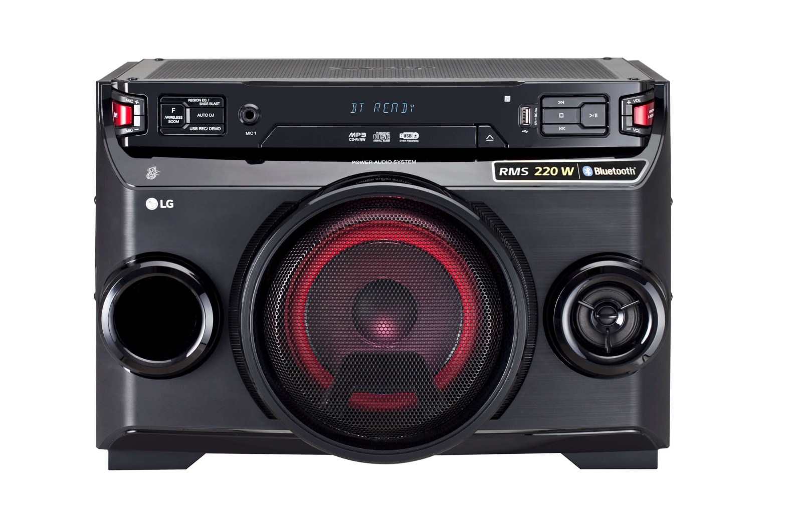 LG XBOOM OM4560, One body mini, 220W RMS, Auto DJ, Multi Bluetooth, Sound Sync, LED multi color, fácil de llevar., OM4560