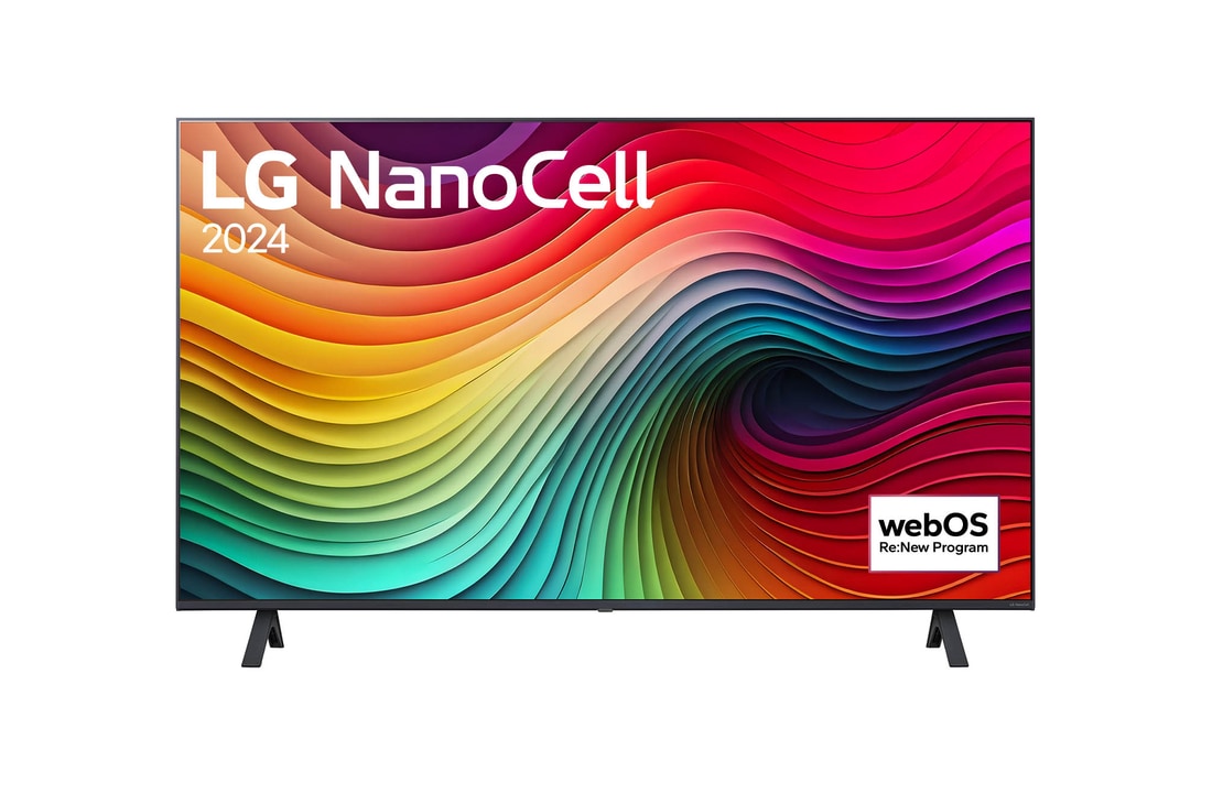 Front view of LG NanoCell TV, NANO80 with text of LG NanoCell, 2024, and webOS Re:New Program logo on screen