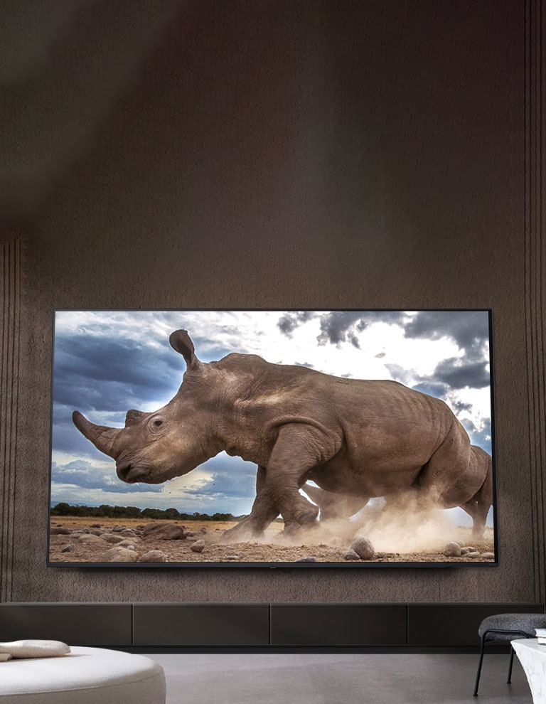 A rhinoceros in a safari setting is shown on an Ultra Big LG TV, mounted on the brown wall of a living room surrounded by cream-colored modular furniture.	