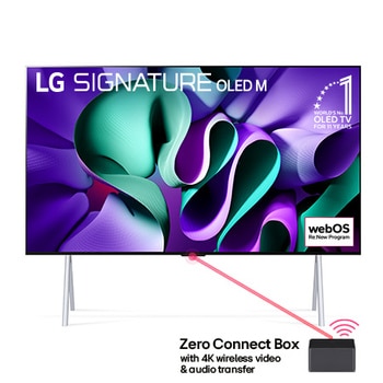 Vista frontal con LG OLED TV, OLED M4 SIGNATURE en un soporte, 11 años del emblema OLED número 1 del mundo, logotipo de webOS Re:New Program y una Zero Connect Box con transferencia inalámbrica de video y audio 4K conectada a un televisor y una red Wi-Fi -Señal Fi saliendo de la caja.