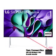 Vista frontal con LG OLED TV, OLED M4 SIGNATURE en un soporte, 11 años del emblema OLED número 1 del mundo, logotipo de webOS Re:New Program y una Zero Connect Box con transferencia inalámbrica de video y audio 4K conectada a un televisor y una red Wi-Fi -Señal Fi saliendo de la caja.