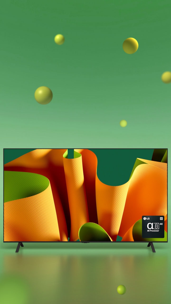 LG OLED B4 se ve 45 grados a la izquierda con una con una obra de arte abstracta verde y naranja en la pantalla sobre un fondo verde con esferas 3D. El televisor OLED gira para mirar hacia al frente. En la parte inferior derecha hay un logotipo del chipset del procesador LG alpha 9 AI