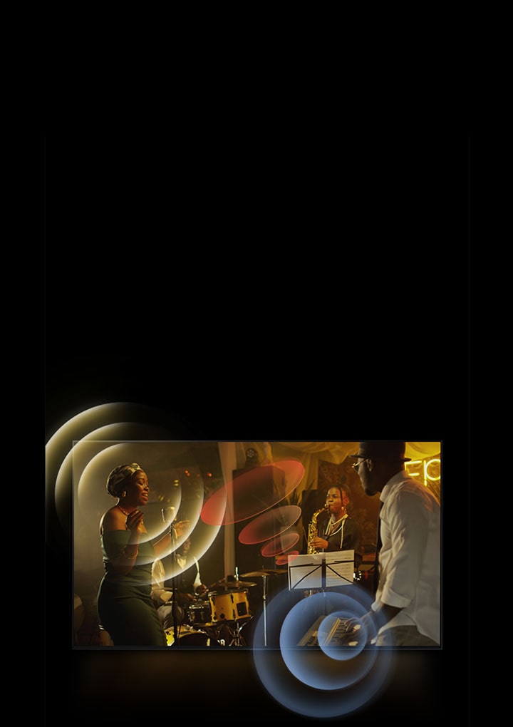 El televisor LG OLED  muestra a músicos tocando, con gráficos de círculos brillantes alrededor de los micrófonos y los instrumentos.