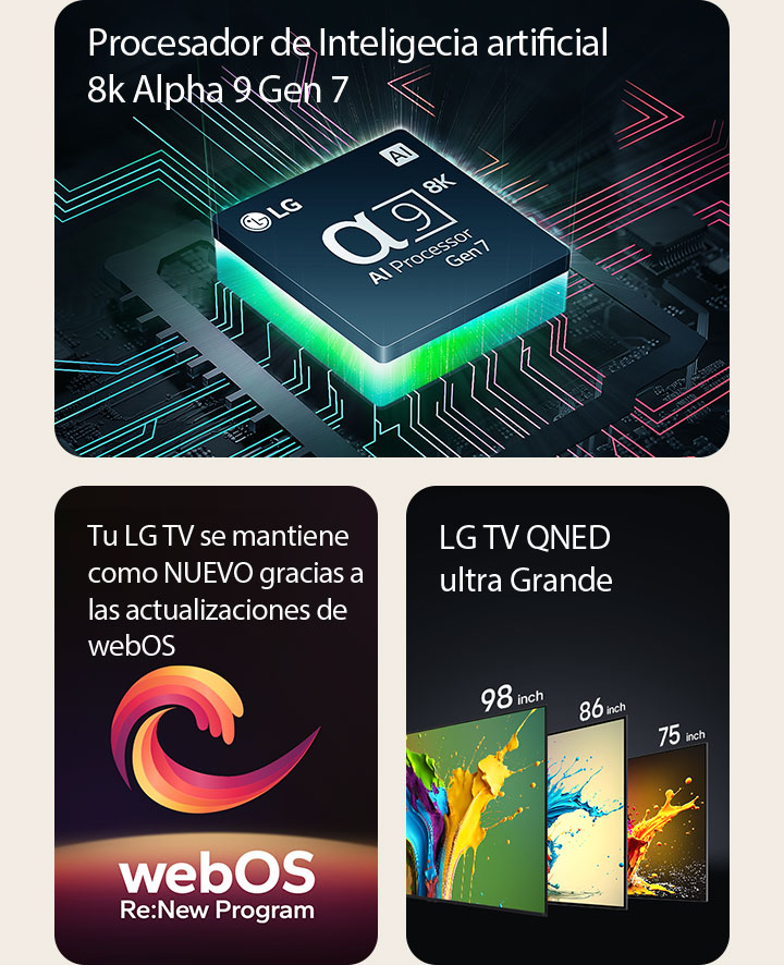 Se muestra el procesador alfa 9 AI Processor 8K Gen7 con una luz verde que emana de debajo. Entre las palabras "Upgradeable webOS" y "webOS Re:New Program" aparece una espiral roja, amarilla y morada. Los televisores LG QNED89, QNED90 y QNED99 se muestran en orden de izquierda a derecha. Cada televisor muestra una salpicadura de color y las palabras "Ultra Big TV" se muestran por encima de los televisores.