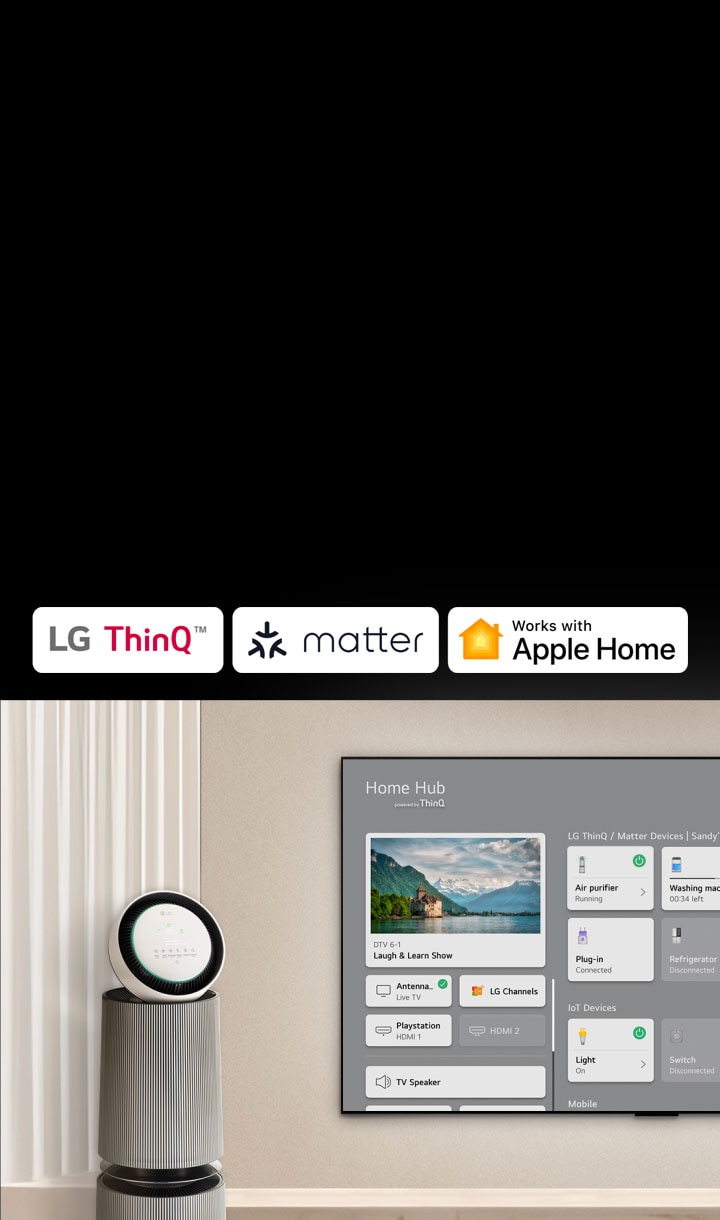 Un logotipo de LG ThinQ™, Matter y Apple Home. Un televisor LG montado en una pared y un LG PuriCare™ Objet Collection 360° a la izquierda. El televisor muestra Home Hub y el cursor hace clic en "Purificador de aire" y se activa LG PuriCare™ Objet Collection 360°.