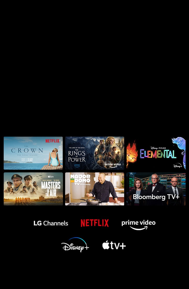 Se muestran seis miniaturas de películas y programas de televisión y los logotipos de los canales LG, Netflix, Prime Video, Disney+ y Apple TV+ se encuentran debajo.