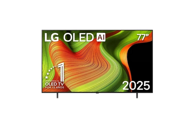 Vista de frente de la Smart TV LG OLED AI B5 4K. El emblema de OLED de ser el n.º 1 del mundo durante 12 años y el logotipo de LG OLED AI 2025 aparecen en la pantalla.