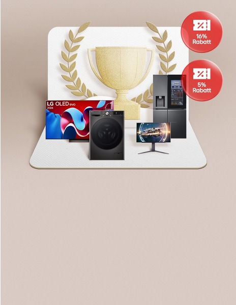 Ein Bild von LG Haushaltsgeräten, die auf einer Trophäen-Popup-Karte mit der Aufschrift 'Best Seller' platziert sind. Symbole für einen 16% und einen 5% Rabattcoupon sind ebenfalls zu sehen.