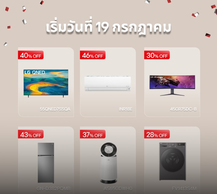 รูปภาพแสดงว่า มีการลดราคาเครื่องใช้ไฟฟ้า LG เริ่มต้นวันที่ 19