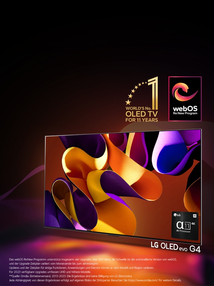LG OLED evo TV G4 mit einem abstrakten, farbenfrohen Kunstwerk auf dem Bildschirm vor einem schwarzen Hintergrund mit subtilen Farbeffekten. Licht strahlt vom Bildschirm und wirft farbenfrohe Schatten. Der Alpha 11 AI-Prozessor 4K befindet sich in der unteren rechten Ecke des TV-Bildschirms. Das Emblem ""Weltweit Nummer 1 OLED TV für 11 Jahre"" und das Logo ""webOS Re:New Programm"" sind im Bild. Ein Haftungsausschluss lautet: ""Das webOS Re:New Programm unterstützt insgesamt vier Upgrades über fünf Jahre, der Schwellenwert ist die vorinstallierte Version von webOS, und der Upgrade-Zeitplan variiert vom Monatsende bis zum Jahresbeginn."" ""Aktualisierungen und der Zeitplan für einige Funktionen, Anwendungen und Dienste können je nach Modell und Region variieren."" ""Upgrades für 2023 sind für UHD- und höhere Modelle verfügbar."" ""Quelle: Omdia. Einheitenversand, 2013 bis 2023. Die Ergebnisse sind keine Empfehlung für LG Electronics. Jede Verlass auf diese Ergebnisse erfolgt auf eigenes Risiko der dritten Partei. Besuchen Sie https://www.omdia.com/ für weitere Details.