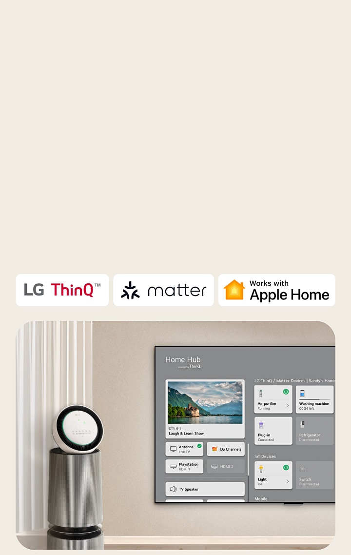 En logotyp för LG ThinQ™, matter och Apple Home.   En LG TV monterad på en vägg och en LG PuriCare™ Objet Collection 360° till vänster. TV:n visar Home Hub och en markör klickar på "Luftrenare" och LG PuriCare™ Objet Collection 360° aktiveras.