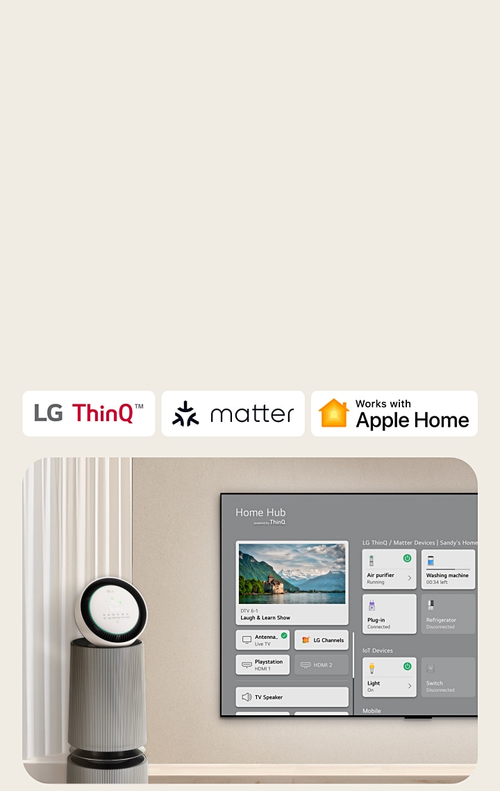 Logo LG ThinQ™, Matter a Apple Home.   LG TV namontovaný na stěně a LG PuriCare™ Objet Collection 360° vlevo. Na TV se zobrazí Home Hub, kurzor klikne na „Air purifier“ a aktivuje se LG PuriCare™ Objet Collection 360°. 
