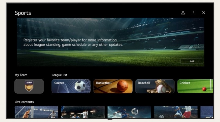 Nastavení LG TV zobrazující rozhraní Sports Portal. Sekce „Můj tým“ se dynamicky rozevírá a zavírá, následuje plynulé posouvání dolů mezi různými sportovními kanály a obsahem.