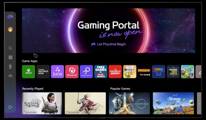 LG TV zobrazuje obrazovku herního portálu a prochází dostupné hry a funkce. Video ukazuje uživatele, který přechází do nabídky nastavení na levé straně a prohlíží si různé herní možnosti, včetně GFN, Luna, Blacknut, Boosteroid a Xbox.