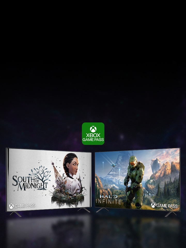 Dva LG Smart TV zobrazující různé herní obrazovky Xbox, které předvádějí vysoce kvalitní herní zážitky dostupné prostřednictvím předplatného Xbox Game Pass Ultimate na LG TV.