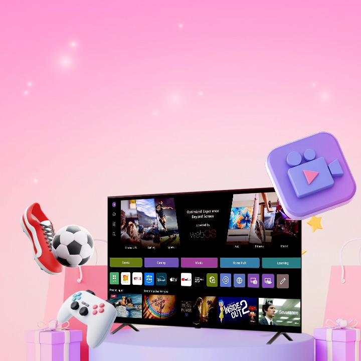 LG Smart TV obklopené dárkovými krabičkami a nákupními taškami, které představují speciální časově omezené nabídky a exkluzivní streamovací události dostupné na platformě webOS.