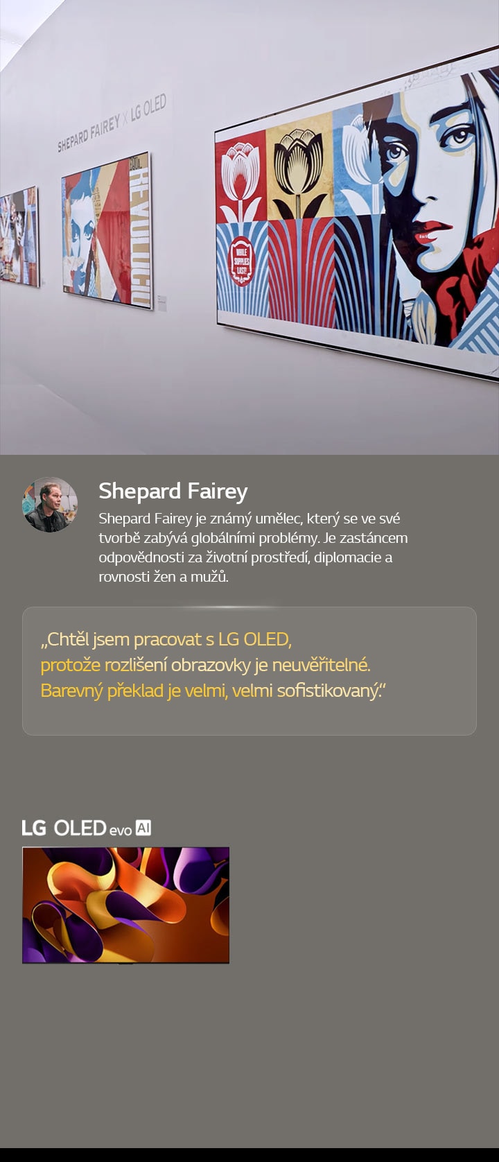 Je představena výstava Shepard Fairey x LG OLED. Jsou zde k vidění popisy veletrhu Frieze Los Angeles 2024 a informace o umělci. Je vidět i LG OLED evo AI. Je zvýrazněn citát Sheparda Faireyho: Chtěl jsem pracovat s LG OLED, protože rozlišení obrazovky je neuvěřitelné. Barevný překlad je velmi, velmi sofistikovaný.