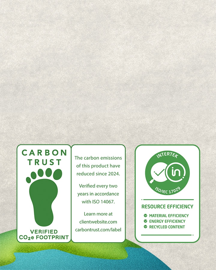 Certifikační značka Carbon Trust, snižování a měření emisí uhlíku a certifikační značka Intertek za efektivní využívání zdrojů.