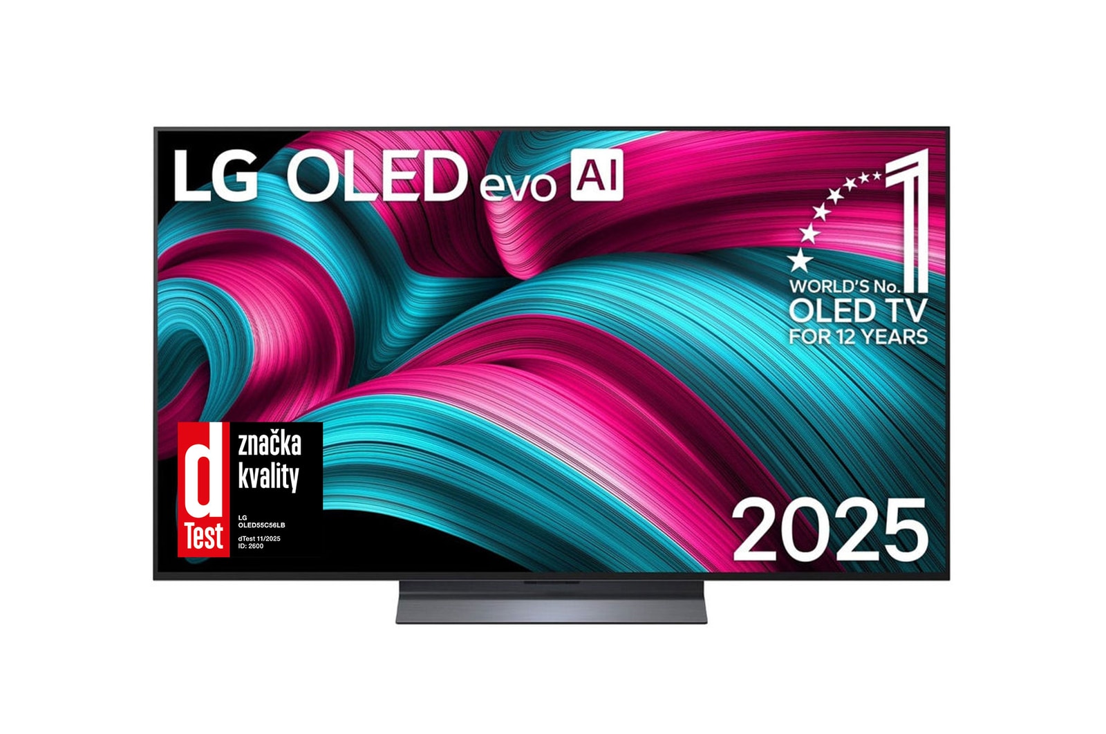 Čelní pohled na LG OLED evo AI C5 4K Smart TV. Na obrazovce je emblém 12 let světové jedničky OLED a logo LG OLED evo AI 2025.