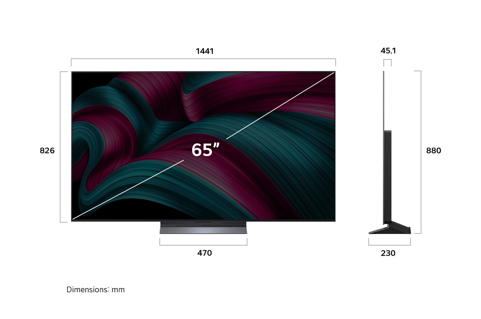 Pohled zepředu a z boku na LG OLED evo AI C5 4K Smart TV s rozměry na délku, šířku, výšku a hloubku.