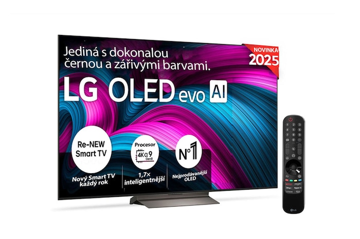 Čelní pohled na LG OLED evo AI C5 4K Smart TV. Na obrazovce je emblém 12 let světové jedničky OLED a logo LG OLED evo AI 2025.