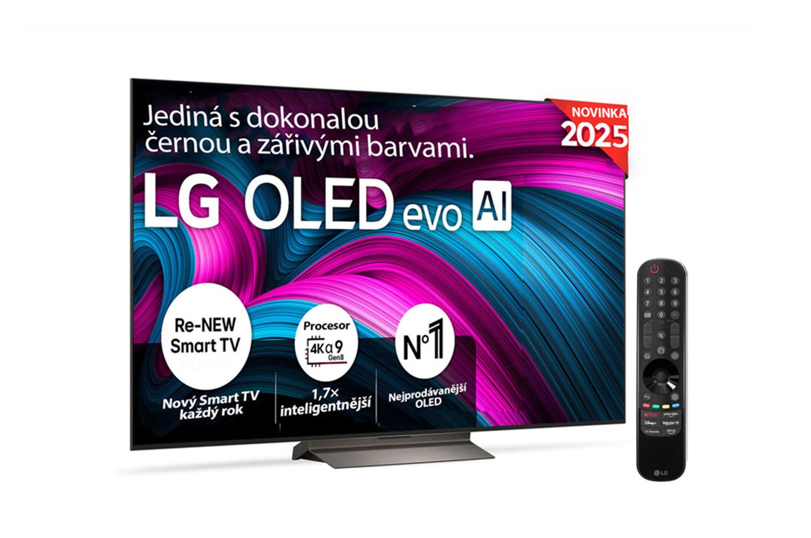 Čelní pohled na LG OLED evo AI C5 4K Smart TV. Na obrazovce je emblém 12 let světové jedničky OLED a logo LG OLED evo AI 2025.