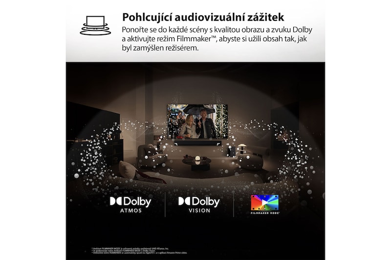 Obrazovka LG TV s dálkovým ovladačem AI Magic Remote v popředí. Je zvýrazněno tlačítko AI a textová bublina zobrazující text „navrhni mi film, který se mi bude líbit“. Obrazovka zobrazuje uživatelskou ikonu E, demonstrující schopnost AI Voice ID rozpoznat uživatele podle hlasu a nabídnout osobní doporučení.